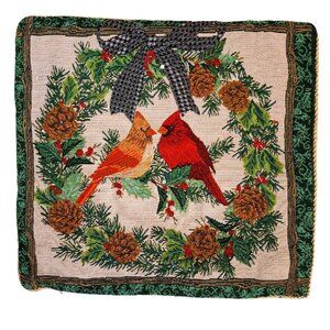 Vtg Double-sided Tapestry Bird Cover Winter Cardinal Fall Chickadee Satin Cord